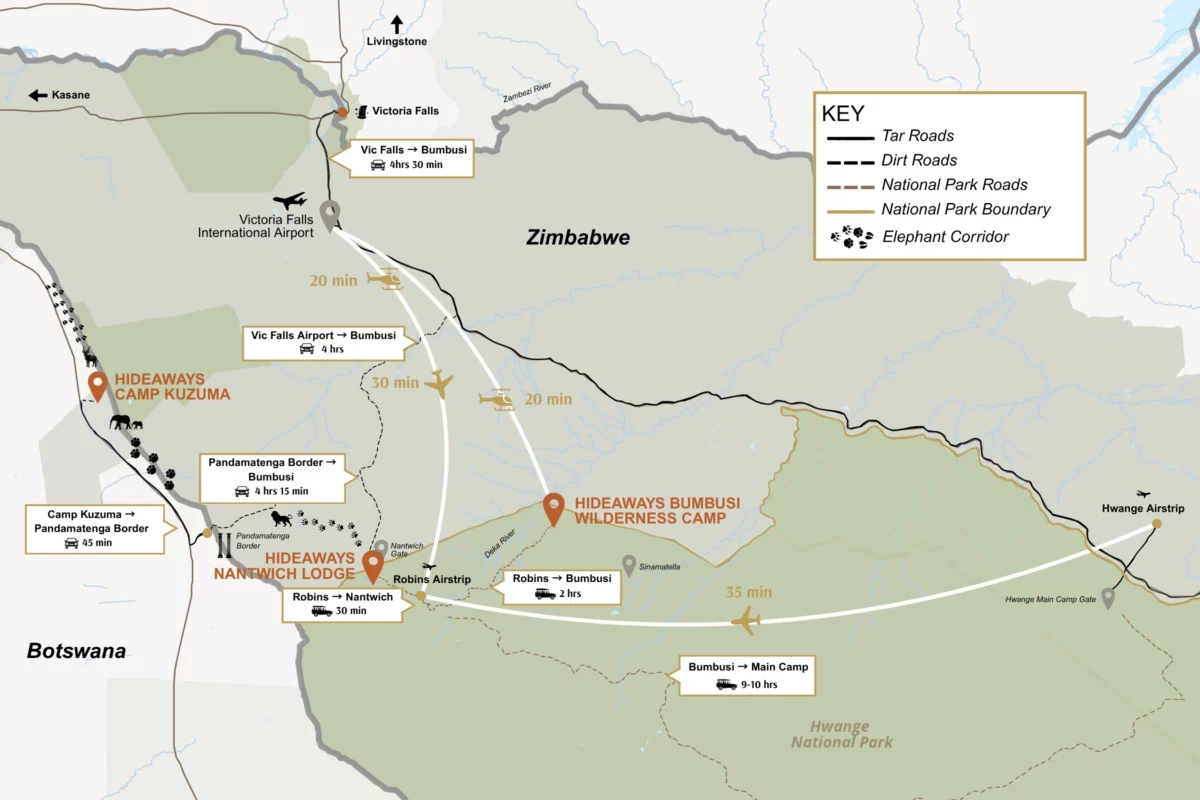 Getting to Hideaways Bumbusi Wilderness Camp Map In Hwange National Park, Zimbabwe