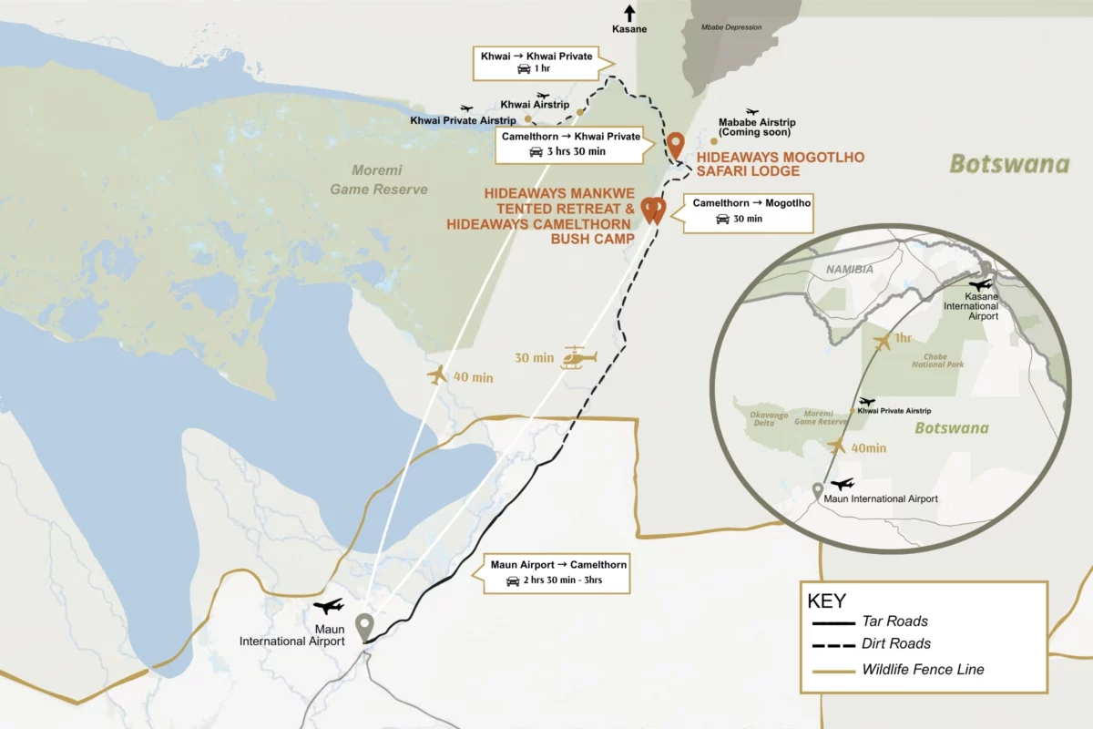 Getting to Hideaways Camelthorn Bush Camp Map In Greater Moremi, Botswana