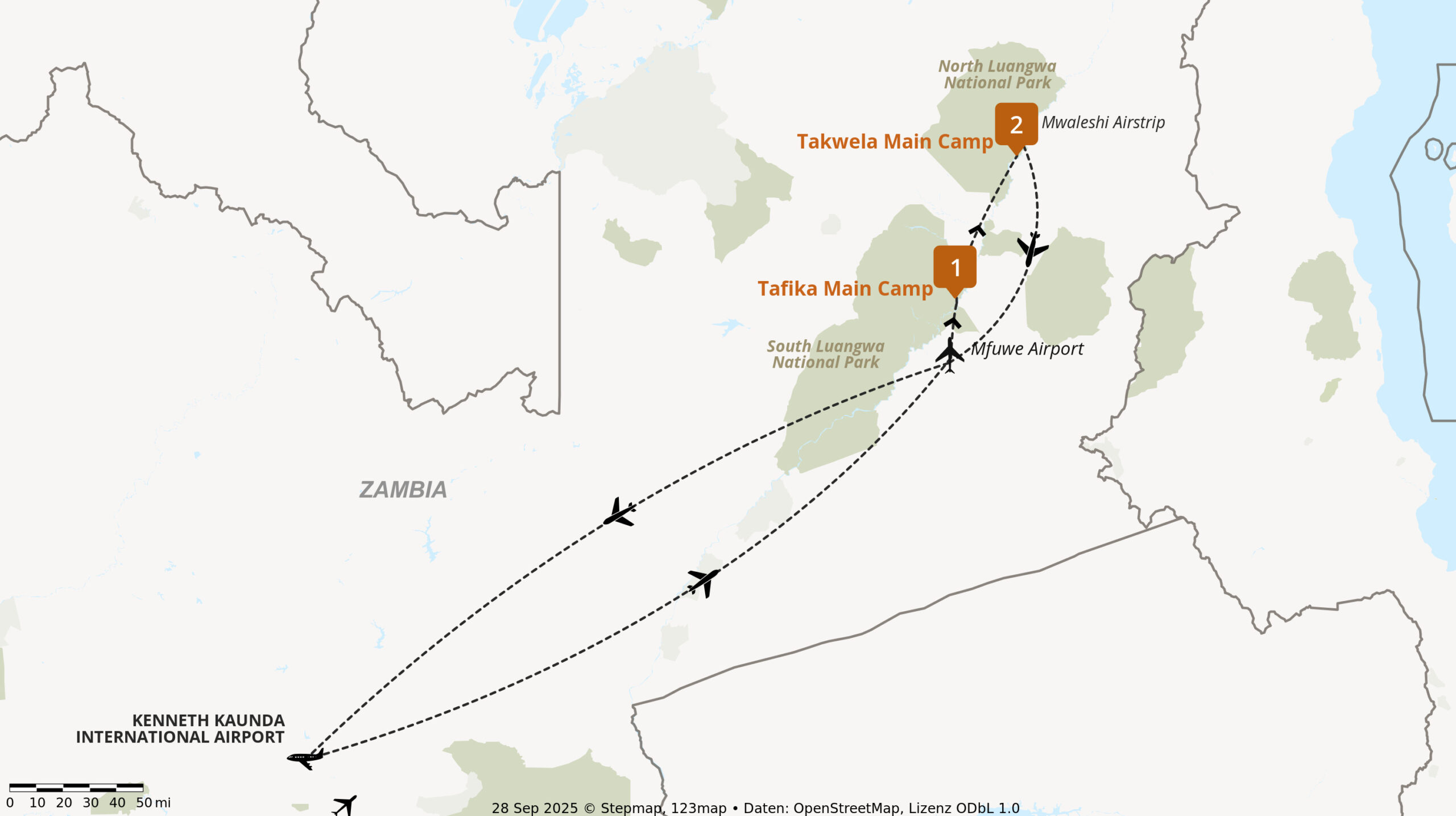 Hideaways Africa, Explore Luangwa Safari Itinerary Map