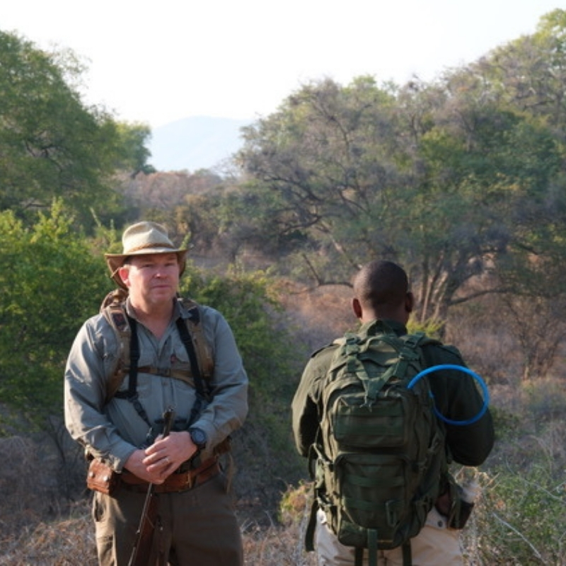 Private guide Sean Hind with fellow guide during a walking safari in Zimbabwe