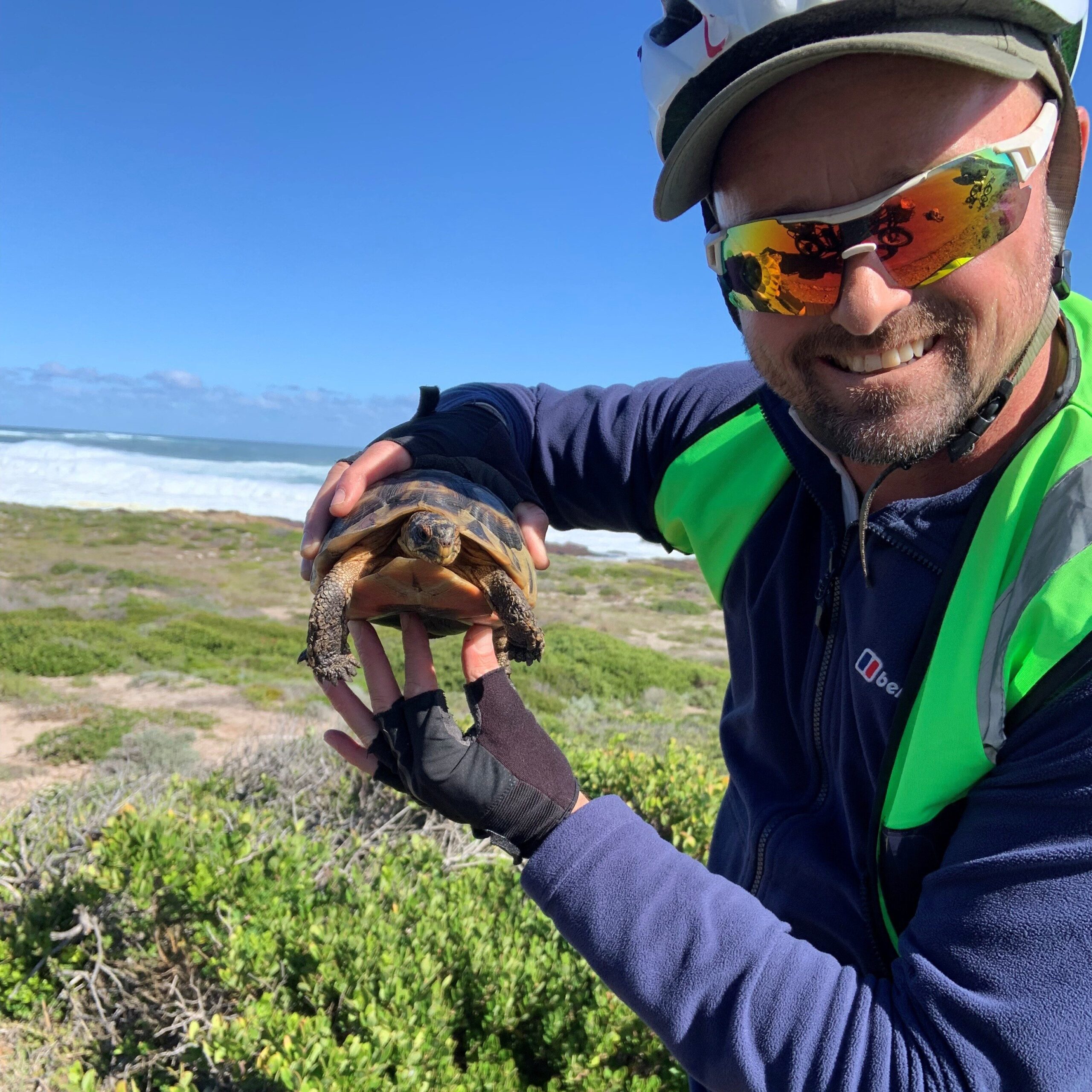 Cape Point e-bike tour guide holding a small tortoise along the coastal fynbos landscape